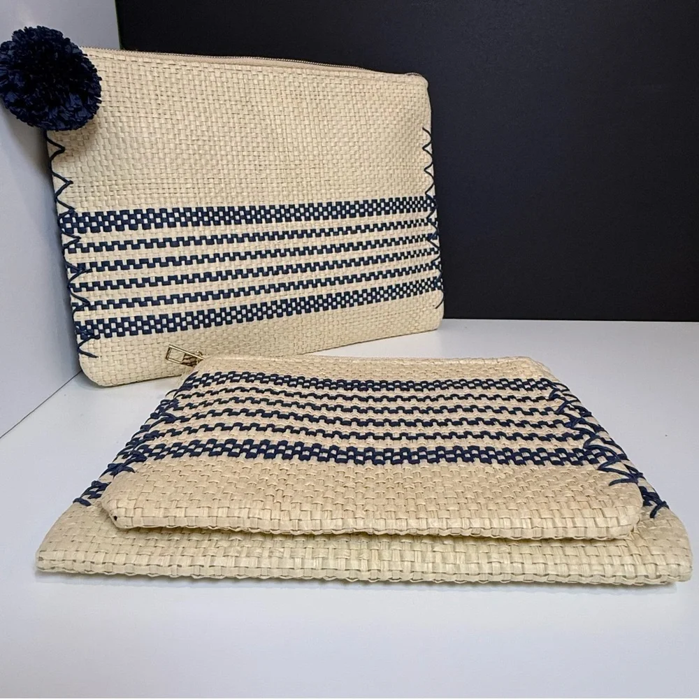 Mud Pie Cream and Navy Straw Makeup Cases- Three Various Sizes